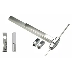 Surface vertical rod exit device with lever touchbar, finished in chrome. Designed for doors up to 3 ft wide, providing push-bar operation for commercial egress applications.