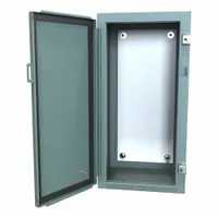 Steel enclosure rated NEMA 12/13 for protection against dust, dirt, oil, and moisture. Measures 24 x 12 x 10 inches with a solid hinged cover secured by clamps. Includes a mounting panel; knockouts are not provided. Suitable for housing electrical controls and components in indoor industrial environments