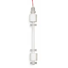 Side-mounted float switch with mechanically alternating action, SPST open-on-rise configuration, and polypropylene construction. Features lead wire termination and a 0.80 specific gravity rating. Suitable for liquid level sensing in industrial tanks and vessels, including high-level alarm or pump control applications requiring chemical resistance.