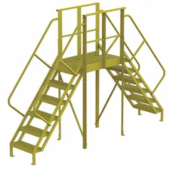 Steel crossover bridge with 6 serrated steps and a yellow finish. Rated for a load capacity of 1,000 lb. Designed for spanning gaps between elevated platforms or structures in industrial settings.