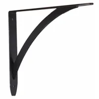 Steel shelf bracket with a black finish. Measures 9 3/4 inches in length, 7 1/4 inches in height, and 1 inch in width. Supports up to 50 lb. Used for supporting shelving in industrial storage, workshops, and warehouses