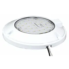 Surface-mount LED dome light with clear lens and white housing. Operates on 12/24V DC, features screw mount and blunt cut wires. Suitable for interior illumination in vehicles, RVs, boats, and equipment. Overall diameter 5 7/8 in, height 1 3/16 in.