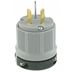 General-purpose straight blade plug rated 125/250V AC at 20 A with NEMA 10-20P configuration. Features 3 poles and 3 blades in a black housing. Suitable for industrial and commercial power connections for equipment and machinery.