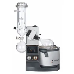 Motorized lift rotary evaporator with 5 L capacity, speed range 10-280 RPM, and 1300 W heating capacity. Includes G5 condenser, USB and Micro SD interfaces. Suitable for solvent removal, concentration, and drying in laboratory applications.