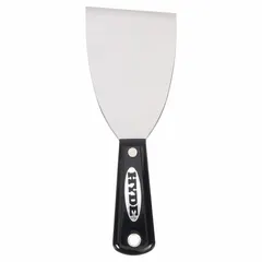 Standard scraper with a stiff, bent carbon steel blade and a nylon handle. Overall length of 7-3/4 inches. Suitable for removing paint, adhesive, or residue from flat surfaces in construction and maintenance tasks.