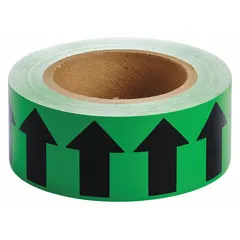 Green vinyl pipe marker tape with black directional flow arrows, 2 inches wide by 90 feet long. Non-reflective, suitable for marking flow direction in industrial piping systems. Provides clear visual indication for process and safety identification.