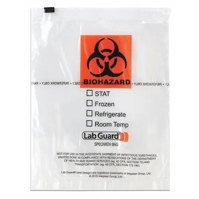MEDEGEN MEDICAL PRODUCTS Specimen Transfer Bag: LDPE, Biohazard, 1.75 mil Thick, Clear, 9 in Overall Ht - Dual Pouch Specimen Transfer Bags