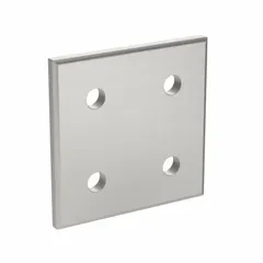 Square flat plate connector for 40 Series structural framing systems. Designed for 8 mm slot width, this anodized aluminum plate measures 76 mm x 76 mm x 6 mm and features four holes for bolted connections. Used to join framing members at right angles or as a mounting plate in machine frames, workstations, and material handling structures.
