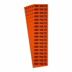 Self-stick vinyl conduit and voltage marker with legend '480 Volts'. C-style label measures 2 1/4 in wide by 1/2 in high. Pack of 5. Used for identifying voltage on conduits and electrical equipment in industrial settings.