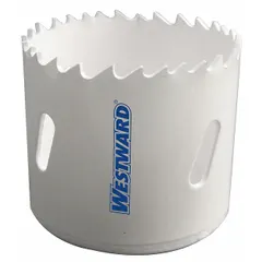 Bi-metal hole saw for cutting wood, metal, and plastic. Features 4/6 teeth per inch and a maximum cutting depth of 1 1/2 inches. Uses 5/8"-18 thread arbor connection. Suitable for creating clean holes in panels, studs, and sheet metal.