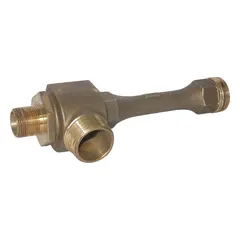 Liquid-operated jet eductor pump with brass body. Uses a pressurized liquid stream to create suction for transferring, mixing, or evacuating fluids. Inlet: 1 in MNPT; outlet: 1-1/2 in MNPT. Sizing factor: 1. Suitable for industrial pumping and fluid handling applications.