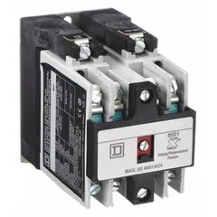 This SQUARE D surface-mounted relay features a 4NO contact configuration rated at 20 A and a 120V AC coil voltage. It is designed for industrial control applications such as motor control centers, conveyor systems, and automation panels requiring reliable switching of loads.