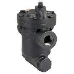 Cast iron inverted-bucket steam trap for horizontal in-line installation. 3/4 in FNPT connections, maximum capacity 570 lb/hr, maximum pressure 150 psi. Includes integral strainer. Used to discharge condensate and non-condensable gases from steam lines while preventing steam loss.