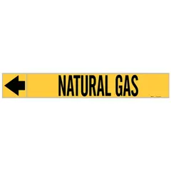 Yellow adhesive pipe markers with black legend reading 'Natural Gas' and directional arrows. Each roll contains 25 markers designed for pipes with outer diameter of 1-1/2 to 2 inches. Used to identify natural gas lines and indicate flow direction in industrial piping systems.