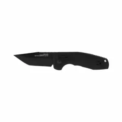 Automatic-opening folding knife with a straight blade. Closed length 4 in, overall length 7 in. Aluminum construction. Suitable for cutting tape, rope, cardboard, and light materials in maintenance, construction, and general utility tasks.