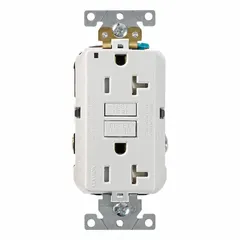 This duplex general purpose receptacle is rated 125V AC, 20 A, with a 5-20 configuration and 2-pole/3-wire grounding. The white GFCI device provides ground-fault protection for personnel in areas where electrical safety is required, such as kitchens, bathrooms, outdoor locations, and workshops.