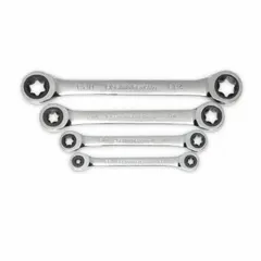 This SAE double-end ratcheting box end wrench set includes 4 tools covering head sizes from E6 to E24. Each wrench features a 6-point ratcheting box end for efficient fastening in confined spaces. Constructed from alloy steel with a chrome finish, the set is organized in a tray for storage.
