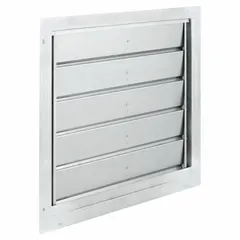 Wall-mount backdraft damper with flat blades for horizontal airflow in vertical mounting position. Single-panel design, 23 in high, 23 in wide, 2 in deep. Maximum air velocity 2500 fpm. Used to prevent reverse airflow in ventilation systems, typically paired with a 20-inch fan.