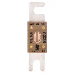 Bolt-on, fast-acting fuse rated 500 A at 80 V DC. Suitable for AC/DC circuits, with an indicating feature for blown fuse detection. Commonly used in power distribution and protection of industrial equipment such as forklifts and battery chargers.