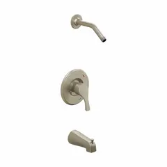 This CFG T58913NHBN combination unit integrates a bathtub spout and a fixed shower arm for coordinated bathroom plumbing. It features a fixed showerhead with a flow rate of 1.75 gpm and a nickel finish. Suitable for residential and light-commercial bathrooms in new construction or retrofit installations.