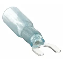 Insulated fork terminal with heat shrink insulation for #6 stud size, accepting 16 AWG to 14 AWG wire. Rated 600 V with insulation grip barrel. Used for secure electrical connections in control panels, junction boxes, and equipment where quick disconnect is needed.