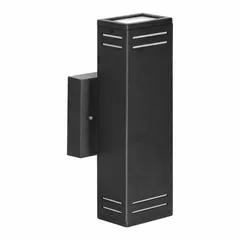 This SYLVANIA wall sconce delivers 1000 lumens at 2700K with an 80 CRI, operating on 120V AC and drawing 29.5W. The housing is finished in black, with dimensions of 4 1/2 inches in length and 4 3/4 inches in width. Suitable for ambient or accent lighting in commercial and residential interiors such as lobbies, hallways, and hospitality spaces.
