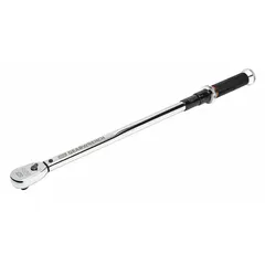 This GEARWRENCH ratcheting micrometer torque wrench has a 1/2-inch drive and 25-inch overall length. It provides a torque range of 30 to 250 ft-lb with dual-scale measurement in foot-pounds and newton-meters. Suitable for tightening fasteners to precise torque values in automotive, industrial, and mechanical assembly applications.