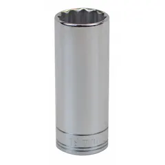 This 3/8" drive hand socket features a 19 mm, 12-point, deep profile for accessing recessed fasteners. Constructed from chrome, it is suited for turning bolts and nuts in mechanical and assembly tasks.