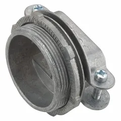 Die cast zinc connector with clamp-style termination for 2 in trade size openings. Accommodates oval cable 000/3. Overall length 1-9/16 in. Used to secure and terminate cables in conduit systems, providing a grounded, strain-relieved joint.