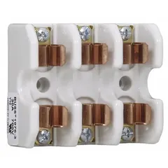 This 3-pole fuse block is rated for 700 V AC and features a bolt-down mounting style. It is designed for use with semiconductor fuses in industrial power circuits requiring high-voltage overcurrent protection. The open block design facilitates fuse installation and replacement.
