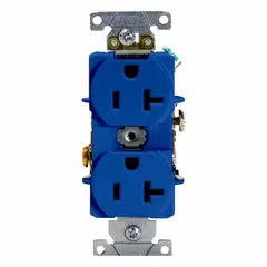 General-purpose duplex receptacle rated 125V AC, 20 A, NEMA 5-20 configuration (2 Pole / 3 Wire). Blue housing for circuit identification. Suitable for commercial and industrial power distribution.