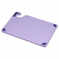 This cutting board is made of co-polymer material in purple color, measuring 9 inches in overall length and 6 inches in overall width. It is NSF Certified for sanitation compliance. Commonly used in commercial kitchens and food preparation areas for tasks such as chopping, slicing, and dicing