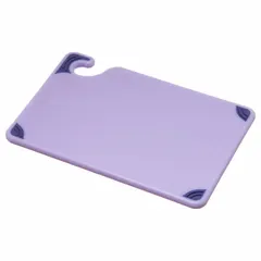This cutting board is made of co-polymer material in purple color, measuring 9 inches in overall length and 6 inches in overall width. It is NSF Certified for sanitation compliance. Commonly used in commercial kitchens and food preparation areas for tasks such as chopping, slicing, and dicing.