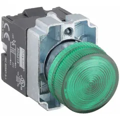 Green LED pilot light with 22 mm panel mounting size. Rated for 24 V AC/DC maximum supply voltage. No push-to-test function. Used as a visual status indicator in industrial control panels, machine tools, conveyors, and automation systems.
