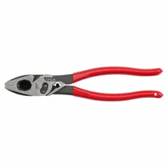 9-inch multipurpose lineman's pliers with a flat jaw profile. Jaw length 1 7/8 in, width 1 1/4 in, thickness 5/8 in. Features an integrated crimper and dipped grip. Used for gripping, twisting, and cutting wire in electrical and industrial maintenance.