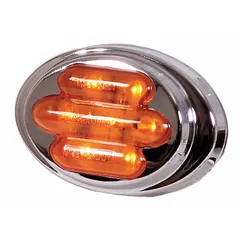 This LED clearance light features an amber lens and oval surface-mount design with hole mounting. It uses a PL-2 connector and is rated IP67 for dust and water ingress protection. Typical applications include marking the width and height of trucks, trailers, and heavy equipment.