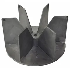 This radial blade blower wheel is made of aluminum and has a diameter of 7 3/4 inches with a 1/2 inch bore. It is rated for a maximum speed of 1,750 RPM and can rotate clockwise or counterclockwise. The wheel includes set screws and is designed for use in HVAC and ventilation systems to move air or gases in exhaust, supply, or process air applications.