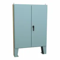 Steel dust-tight enclosure rated NEMA 12, measuring 60 x 48 x 9 inches. Features a solid hinged cover with handle closure and includes a panel. Suitable for protecting electrical controls and wiring in industrial environments where dust, dirt, and non-corrosive liquids are present