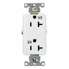 General-purpose duplex receptacle rated 125V AC, 20A, NEMA 5-20 configuration, 2-pole/3-wire grounding. White finish. Suitable for residential, commercial, and light industrial applications where 20A, 125V AC power is required.
