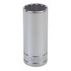 This 3/8" drive hand socket features a 13/16" SAE size with a 12-point, deep design for accessing recessed fasteners. Made of chrome, it is used for turning hex nuts and bolts in mechanical and industrial applications.