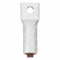 One-hole compression lug for terminating 350 kcmil stranded aluminum wire. Features a 1/2 in stud size and is constructed from aluminum. Suitable for use in electrical panels, switchgear, and industrial power distribution systems.