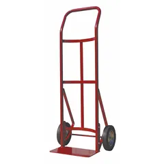 Steel hand truck with a flow-back handle and red finish. Equipped with 8-inch semipneumatic wheels for maneuverability on various surfaces. Suitable for moving boxes, equipment, and other loads in warehouses, stockrooms, and delivery settings.