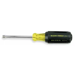 This SAE standard nut driver features a 3-inch hollow round shank for fitting over long threaded rods or studs. It is designed for tightening or loosening hex nuts and bolts in electrical, mechanical, and maintenance applications. The non-magnetized tip is suitable for general-purpose use.