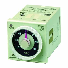Panel-mounted relay timer with surface mounting. Operates on 100 to 125V DC or 100 to 240V AC. Timing range from 0.05 to 1.2 seconds. Used for interval control in industrial automation and process sequencing.