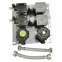 Metal air control valve in silver finish for institutional toilet systems. Includes mounting hardware. Overall dimensions: 8 1/4 in width and 8 1/4 in height. Used to regulate air flow for flushing or pneumatic controls in commercial restrooms.