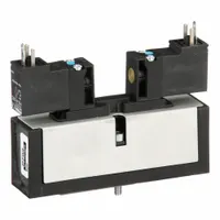 Four-way, three-position directional control valve with double solenoid and open center configuration. Operates on 24V DC with internal pilot and solenoid return. Suitable for directing compressed air in industrial automation, packaging, and material handling systems