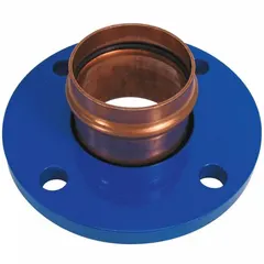 This NIBCO Press System fitting is a 1 1/2 in CTS x 1 1/2 in Pipe size press-fit x flange adapter made of copper. It is used to connect copper tubing to a flanged pipe end, providing a leak-proof joint without soldering. Typical applications include water supply, HVAC, and process piping systems.