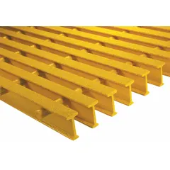 This flame-resistant structural grating is pultruded fiberglass, type ISOFR, with a nominal size of 36 inches wide by 8 feet long. It is used in industrial environments requiring corrosion resistance and fire safety, such as walkways, platforms, and trench covers in chemical plants, refineries, and offshore facilities.