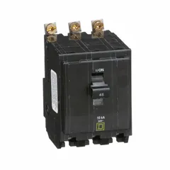 Bolt-on miniature circuit breaker for overcurrent protection in electrical distribution systems. Rated 45 A, three-phase, 120/240V AC with a maximum interrupting rating of 10kA at 120/240V AC. Three-pole design for use with compatible panelboards.