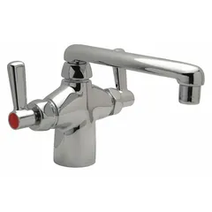 Single-post laboratory faucet with chrome finish. Designed for cold and hot water media. Equipped with two lever handles for manual flow and temperature control. Suitable for use in laboratory environments such as science classrooms and research facilities.